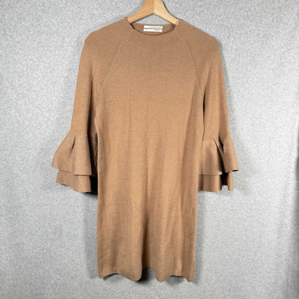 Anthropologie Claudette Ruffled Sweater Dress Womens Medium Mock Neck Beige Knit